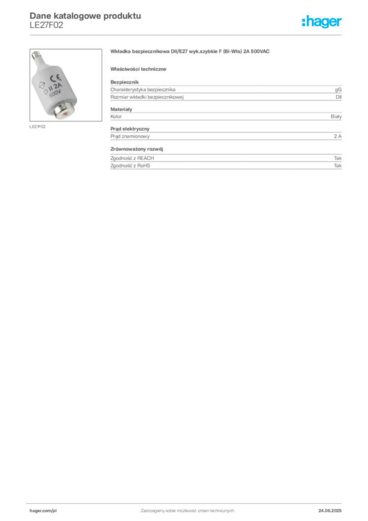 Zdjęcie Hager Karta katalogowa LE27F02 | Hager Polska