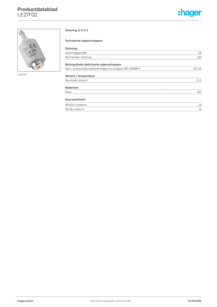 Afbeelding Hager Productdatablad LE27F02 | Hager Nederland