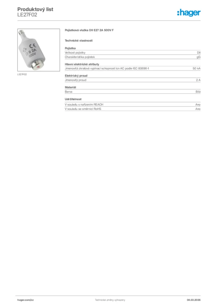 Obrázek Hager Product data sheet LE27F02 | Hager