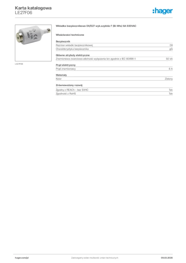 Zdjęcie Hager Karta katalogowa LE27F06 | Hager Polska