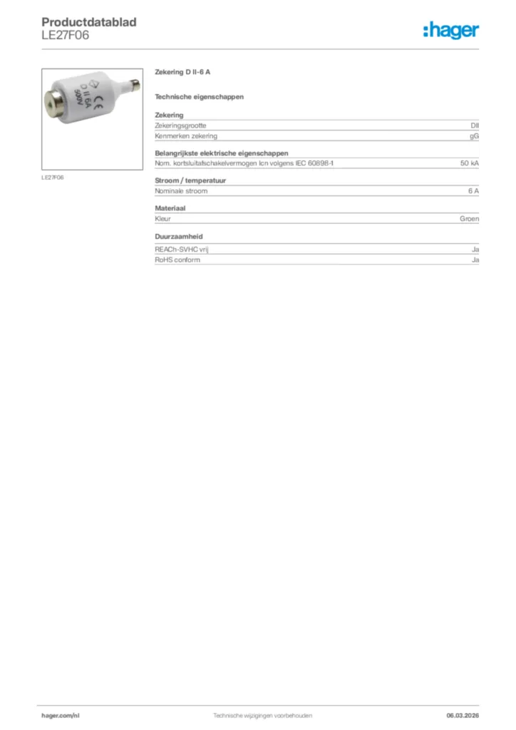Afbeelding Hager Productdatablad LE27F06 | Hager Nederland