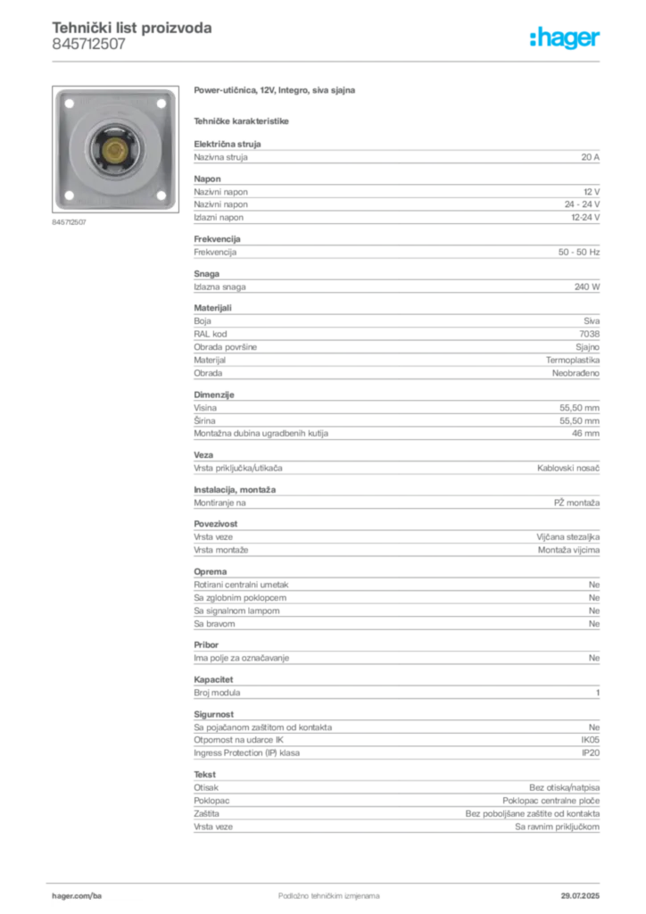 Slika Hager Product data sheet 845712507  | Hager