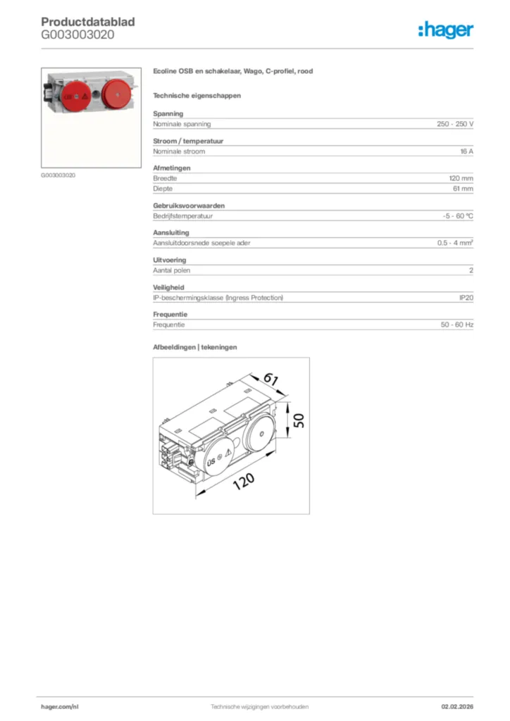 Afbeelding Hager Productdatablad G003003020 | Hager Nederland