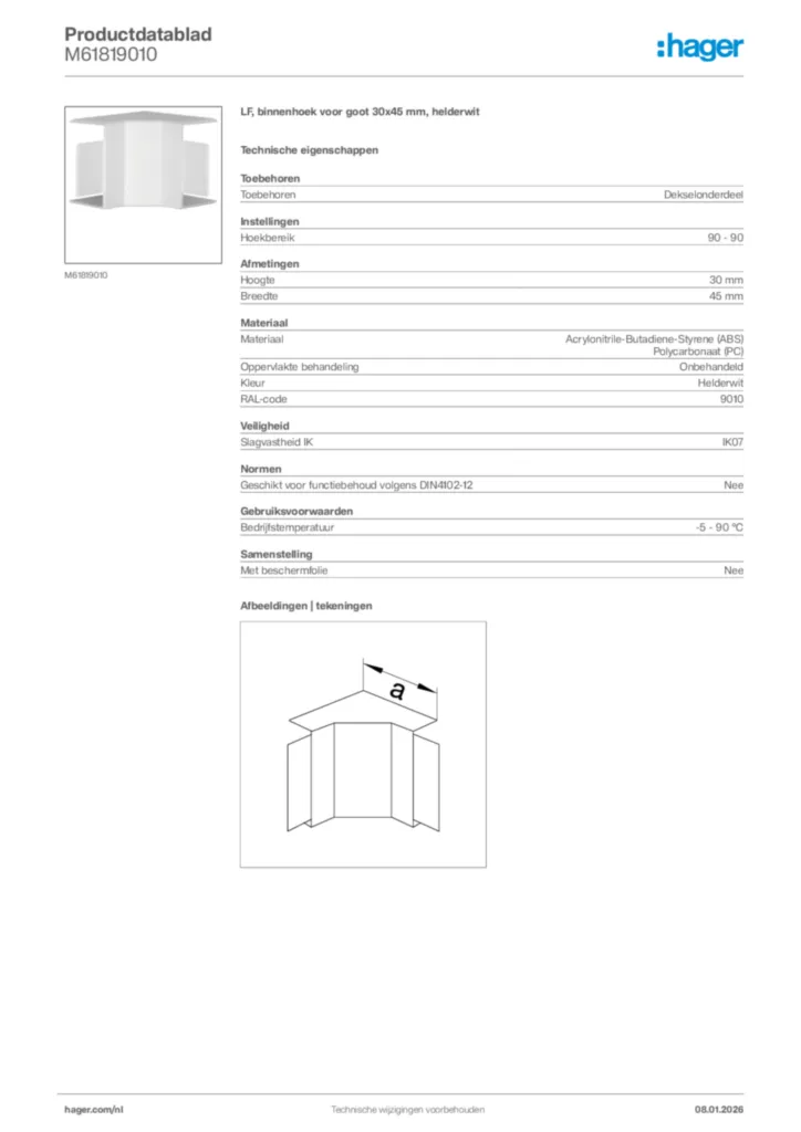 Afbeelding Hager Productdatablad M61819010 | Hager Nederland