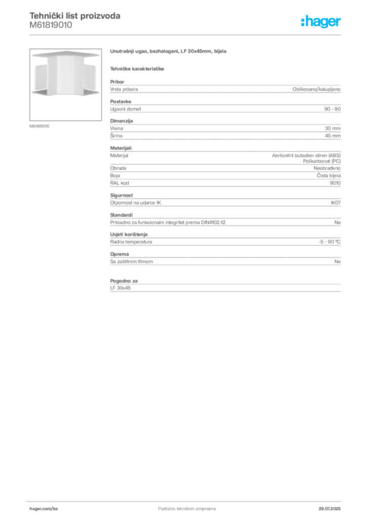 Slika Hager Product data sheet M61819010  | Hager