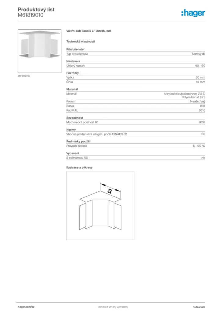 Obrázek Hager Produktový list M61819010 | Hager