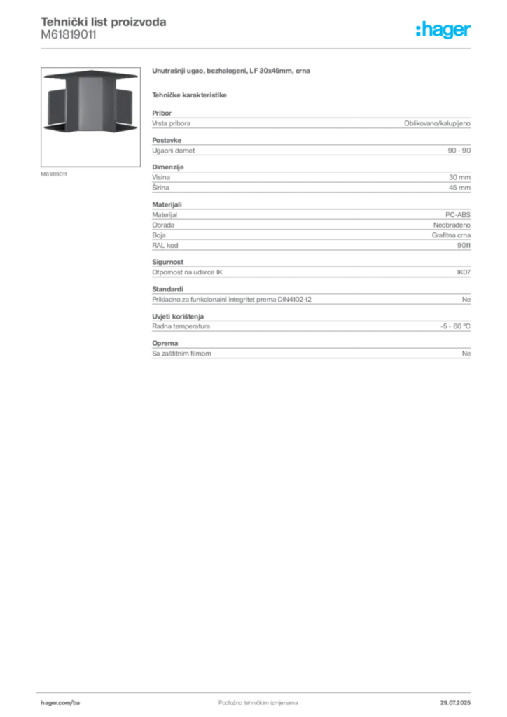 Slika Hager Product data sheet M61819011  | Hager