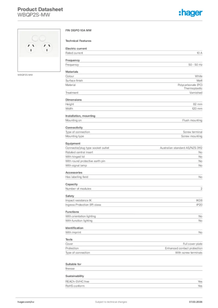 Image Hager Product data sheet WBQP2S-MW  | Hager New Zealand