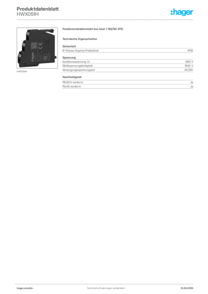 Bild Hager Produktdatenblatt HWX051H | Hager Deutschland
