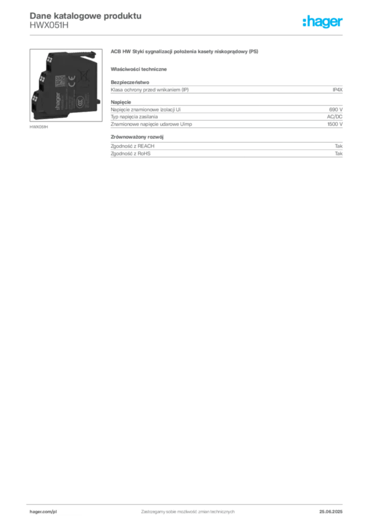 Zdjęcie Hager Karta katalogowa HWX051H | Hager Polska