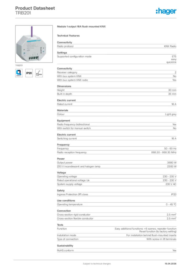 Image Hager Product data sheet TRB201  | Hager Africa