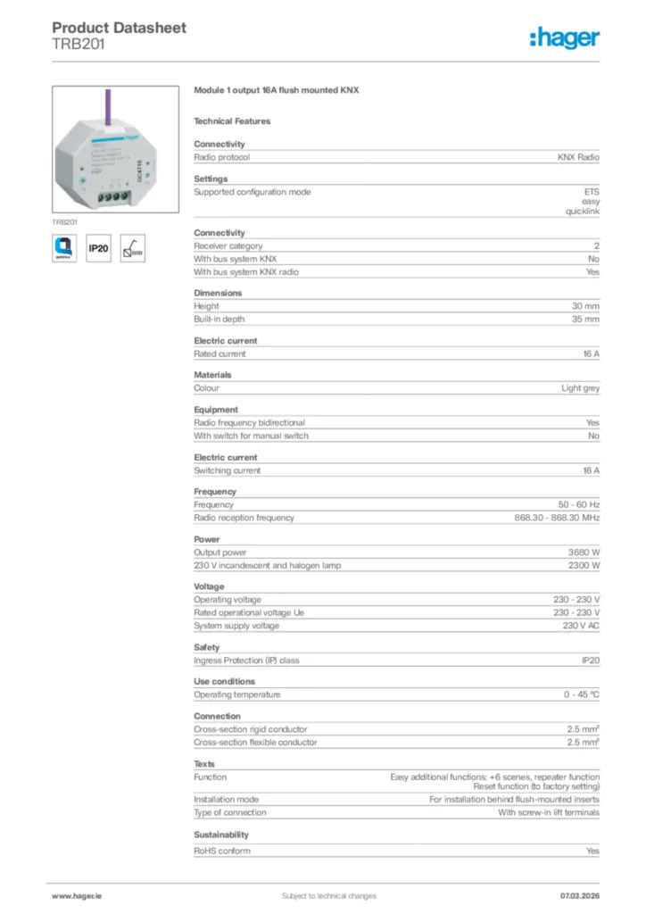 Image Hager Product data sheet TRB201  | Hager