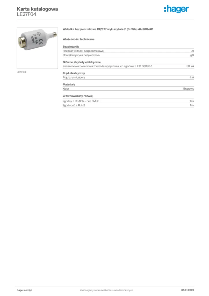 Zdjęcie Hager Karta katalogowa LE27F04 | Hager Polska