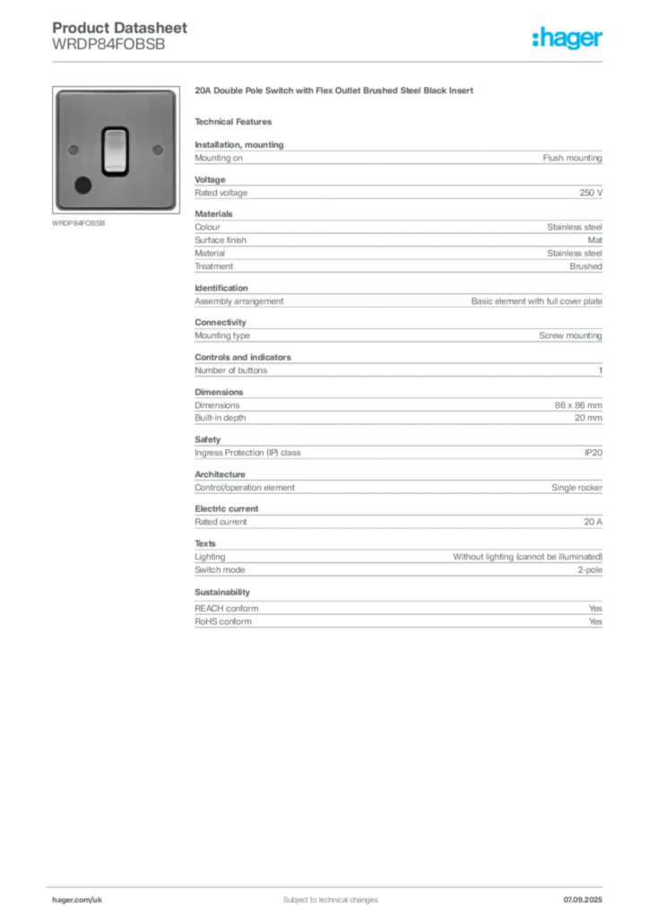 Image Hager Product data sheet WRDP84FOBSB  | Hager