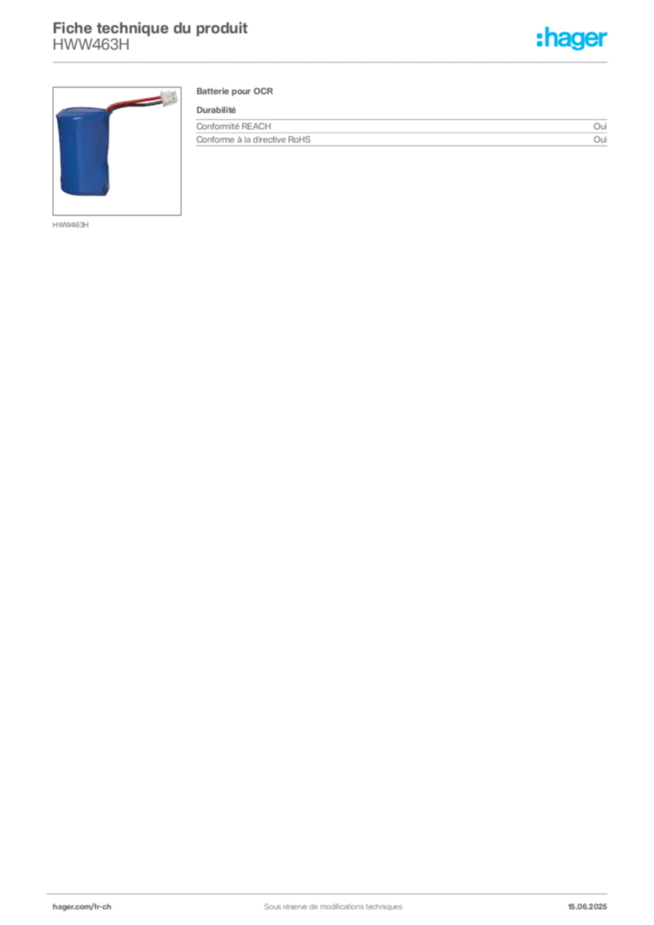 Image Hager Fiche technique du produit HWW463H | Hager Suisse