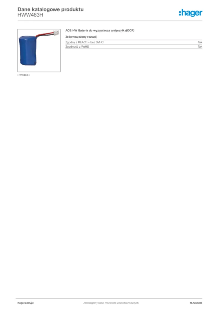 Zdjęcie Hager Karta katalogowa HWW463H | Hager Polska