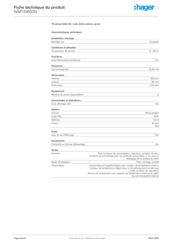 Image Hager Fiche technique du produit WMT10650G | Hager France
