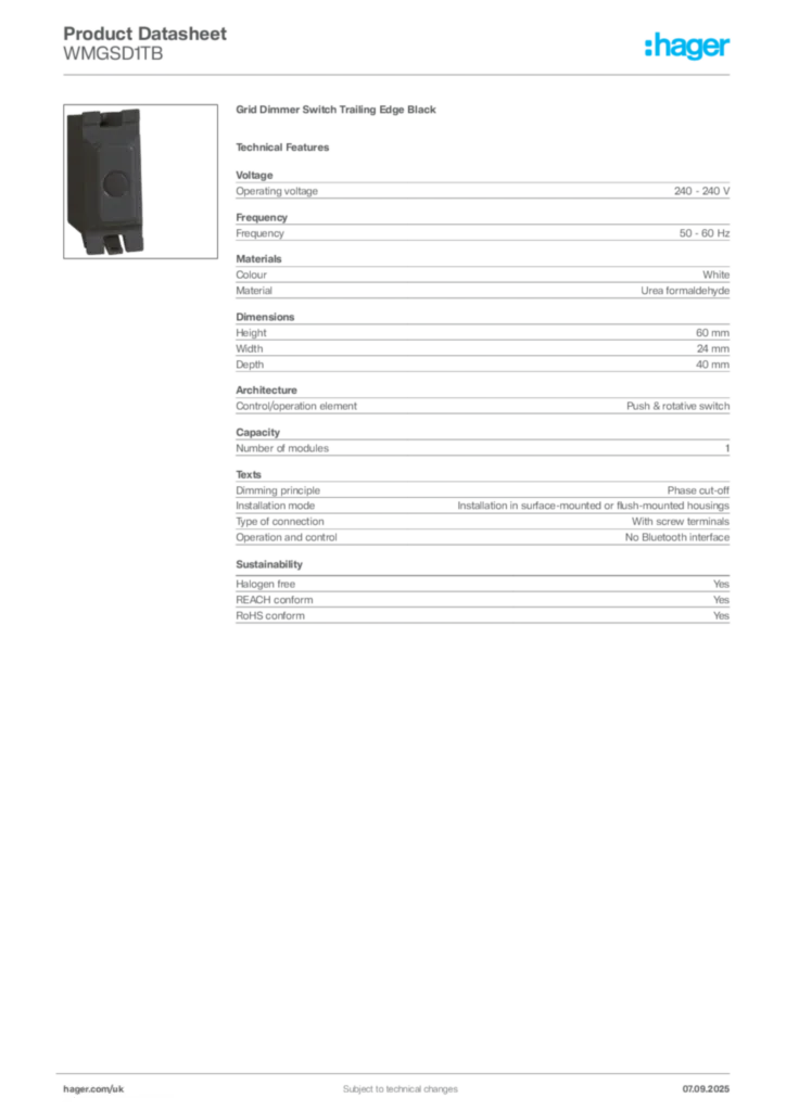 Image Hager Product data sheet WMGSD1TB  | Hager