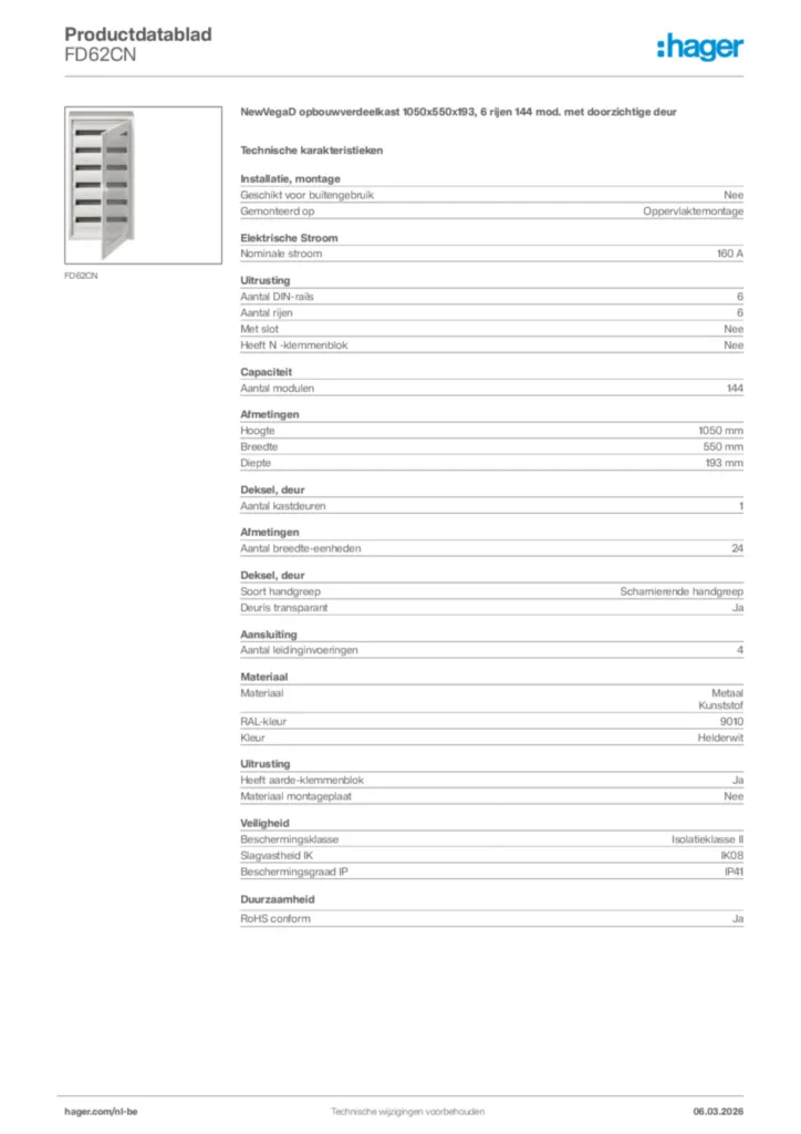 Afbeelding Hager Productdatablad FD62CN | Hager Belgium