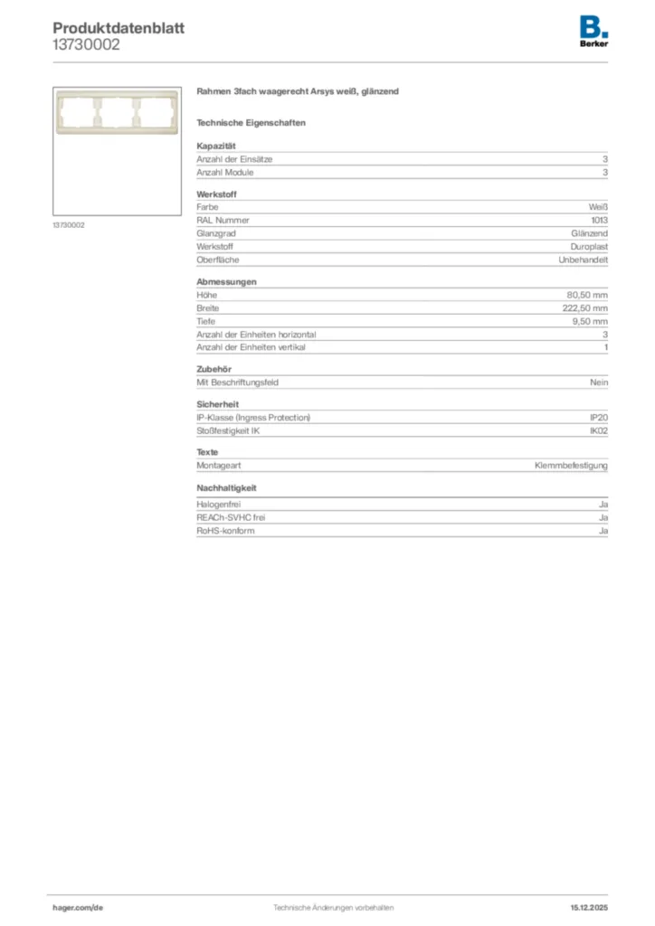 Bild Berker Produktdatenblatt 13730002 | Hager Deutschland