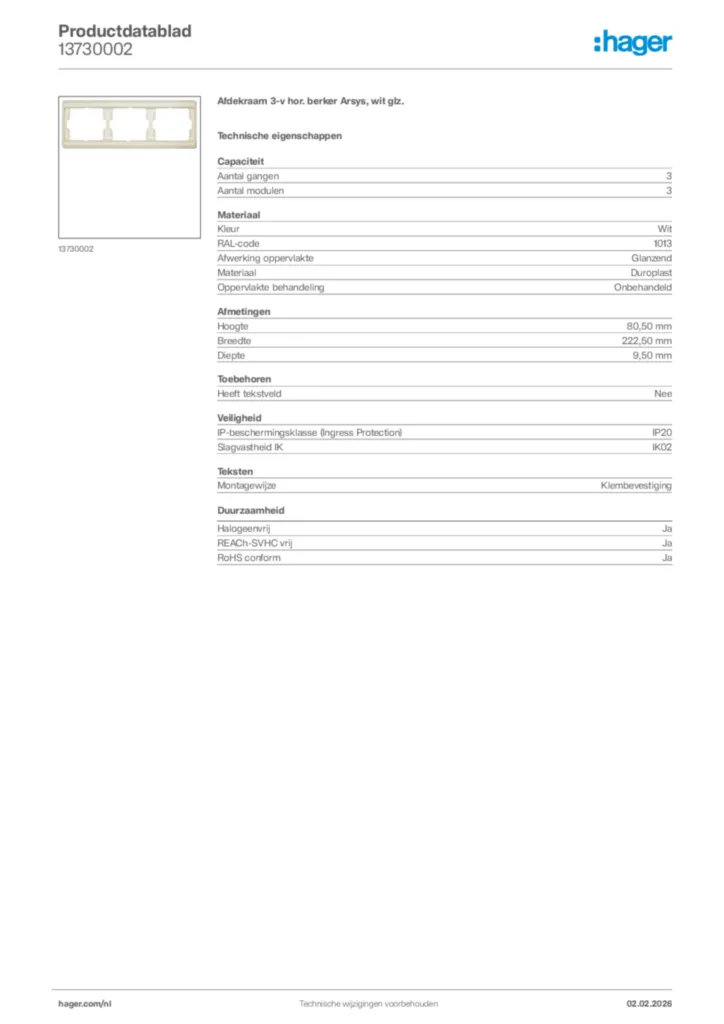 Afbeelding Hager Productdatablad 13730002 | Hager Nederland