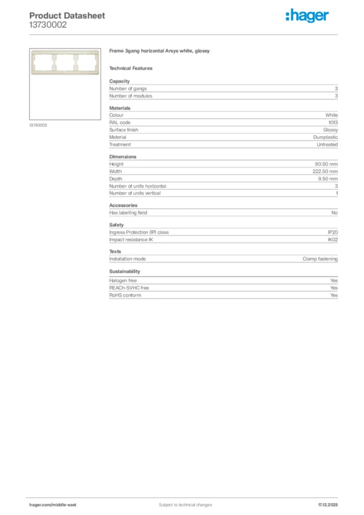 Image Hager Product data sheet 13730002  | Hager