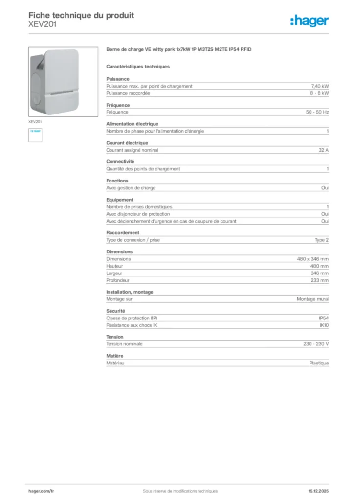 Image Hager Fiche technique du produit XEV201 | Hager France