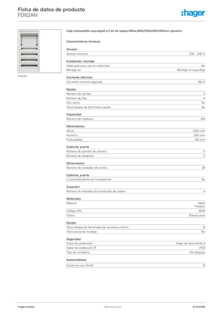 Imagen Hager Ficha de datos de producto FD62AN | Hager España