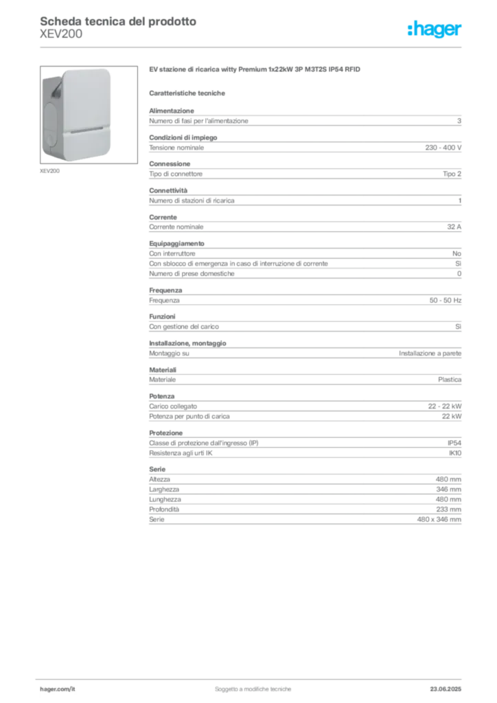 Immagine Hager Scheda tecnica del prodotto XEV200 | Hager Italia