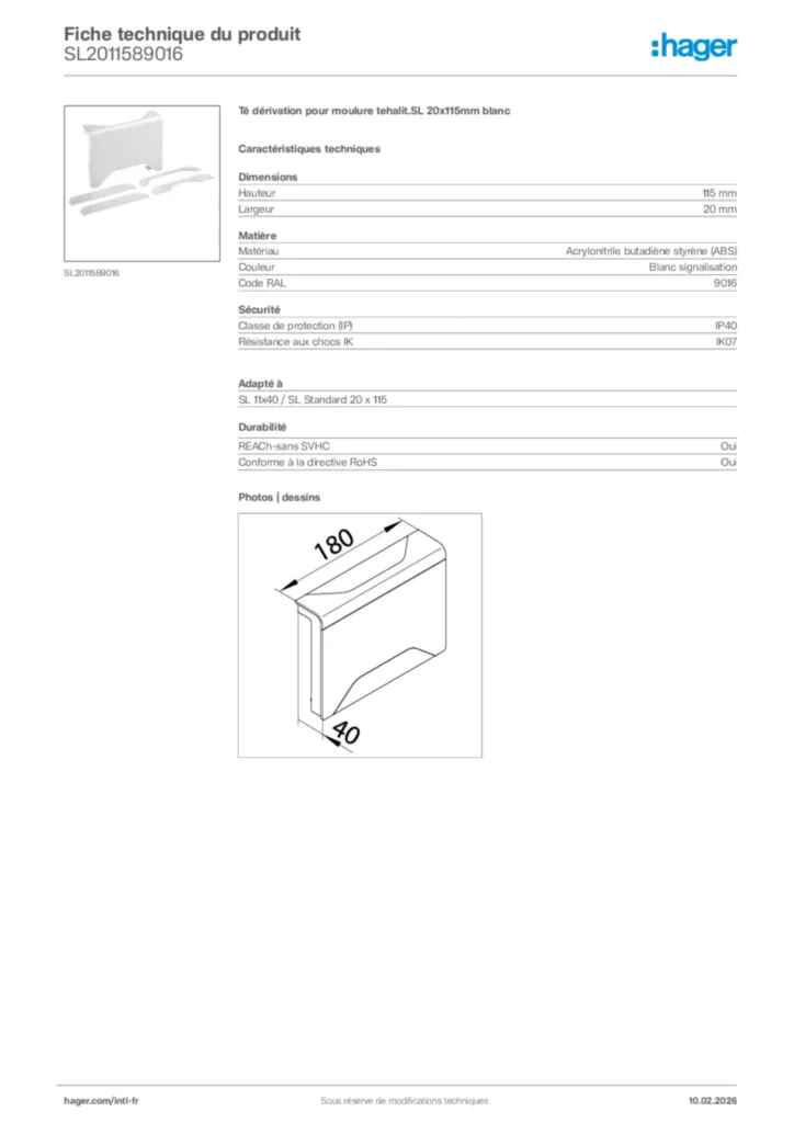 Image Hager Fiche technique du produit SL2011589016 | Hager Afrique