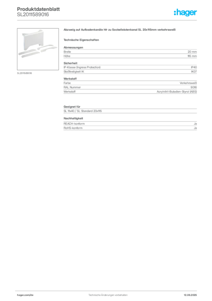 Bild Hager Produktdatenblatt SL2011589016 | Hager Deutschland