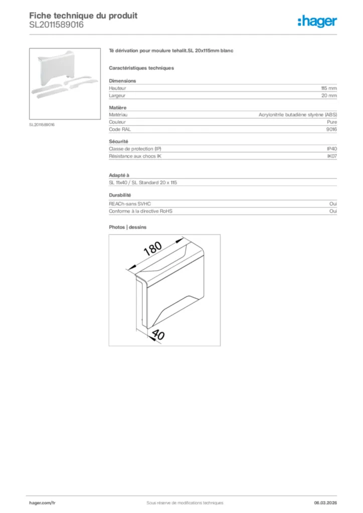 Image Hager Fiche technique du produit SL2011589016 | Hager France
