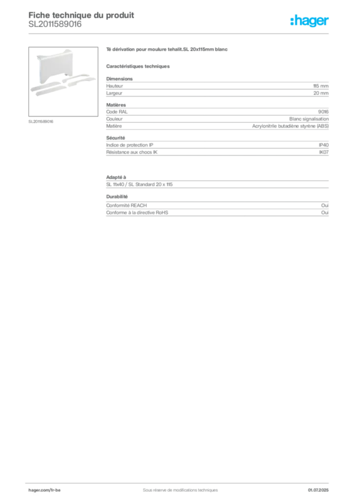 Image Hager Fiche technique du produit SL2011589016 | Hager Belgique