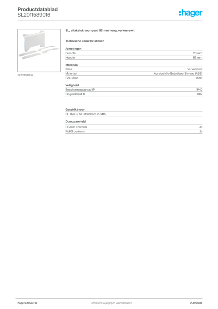 Afbeelding Hager Productdatablad SL2011589016 | Hager Belgium