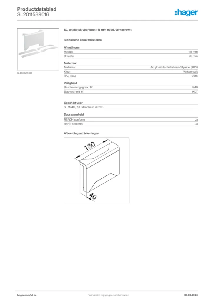 Afbeelding Hager Productdatablad SL2011589016 | Hager Belgium