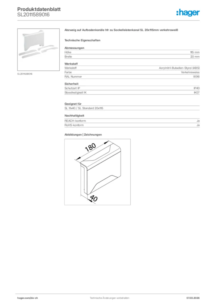Bild Hager Produktdatenblatt SL2011589016 | Hager Schweiz