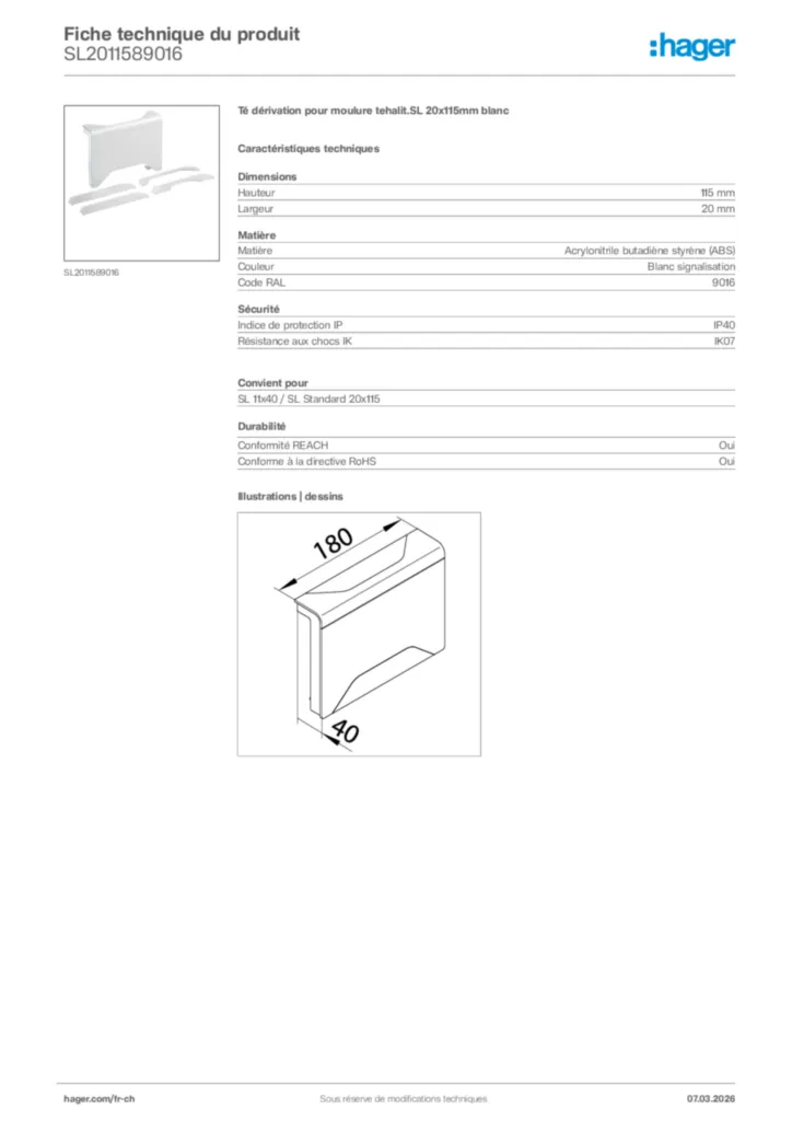Image Hager Fiche technique du produit SL2011589016 | Hager Suisse