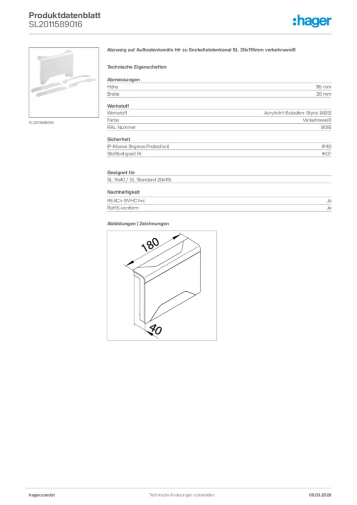 Bild Hager Produktdatenblatt SL2011589016 | Hager Deutschland