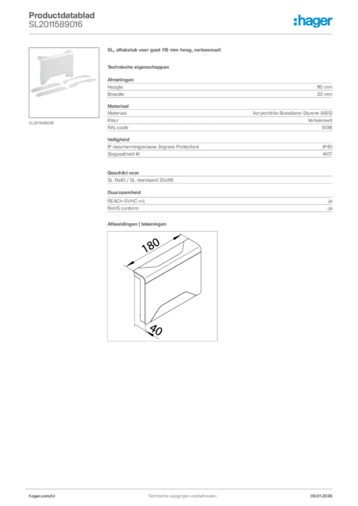 Afbeelding Hager Productdatablad SL2011589016 | Hager Nederland