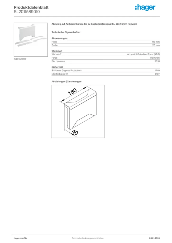 Bild Hager Produktdatenblatt SL2011589010 | Hager Deutschland