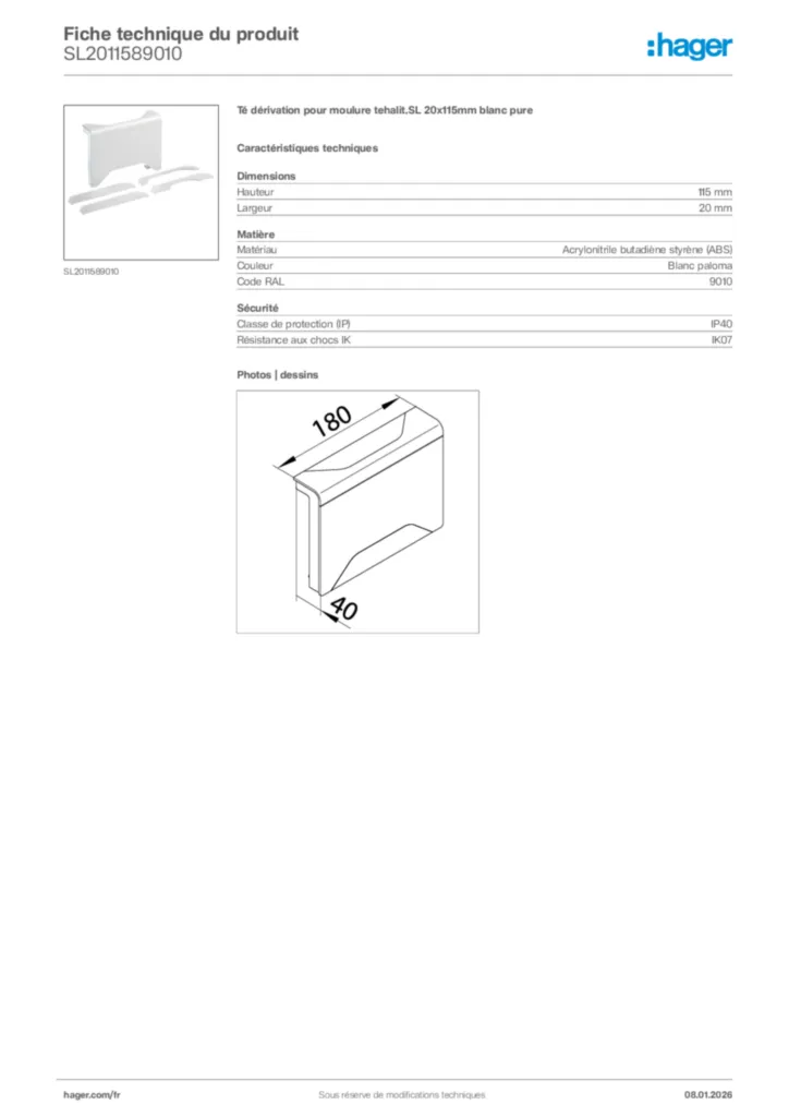 Image Hager Fiche technique du produit SL2011589010 | Hager France