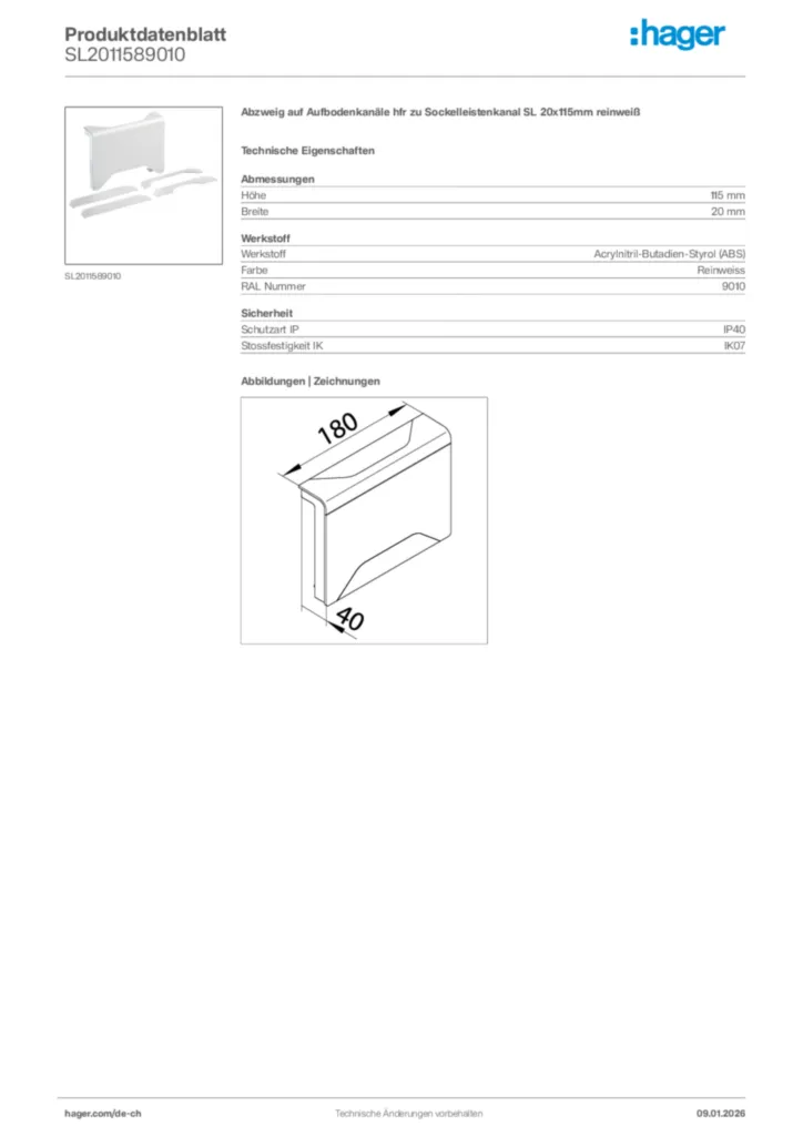 Bild Hager Produktdatenblatt SL2011589010 | Hager Schweiz