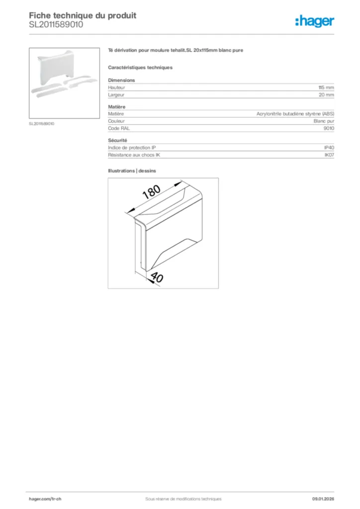 Image Hager Fiche technique du produit SL2011589010 | Hager Suisse