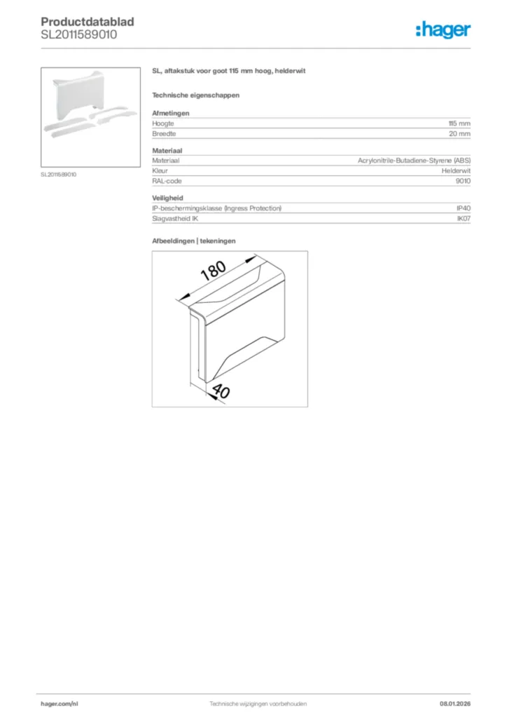 Afbeelding Hager Productdatablad SL2011589010 | Hager Nederland