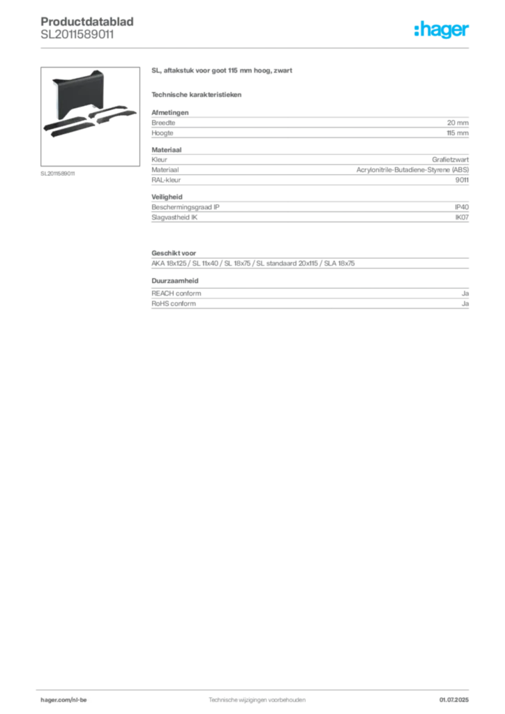 Afbeelding Hager Productdatablad SL2011589011 | Hager Belgium