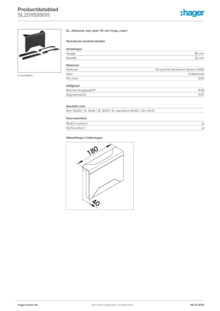 Afbeelding Hager Productdatablad SL2011589011 | Hager Belgium