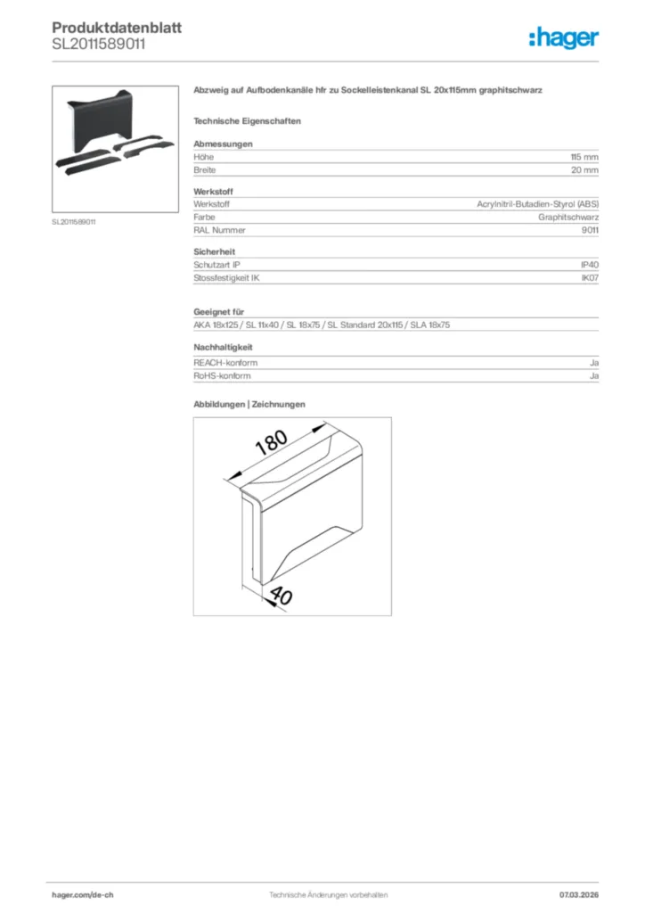 Bild Hager Produktdatenblatt SL2011589011 | Hager Schweiz