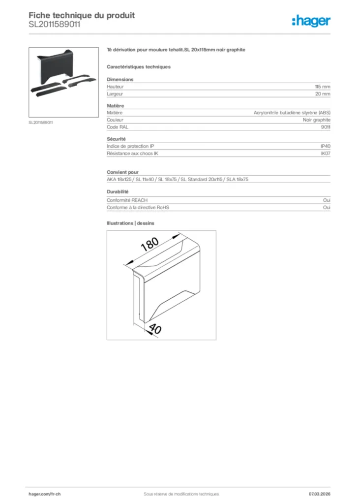 Image Hager Fiche technique du produit SL2011589011 | Hager Suisse