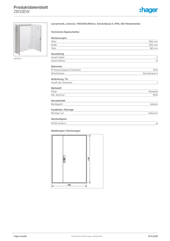 Bild Hager Produktdatenblatt ZB33EW | Hager Deutschland