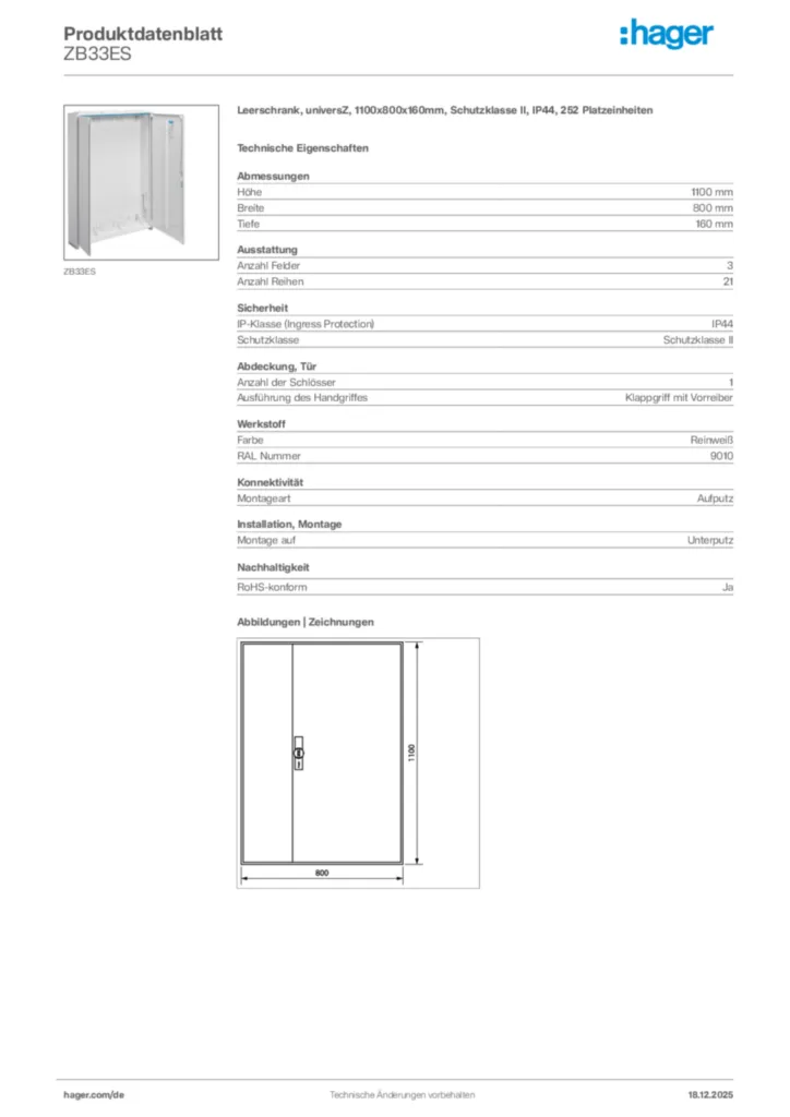 Bild Hager Produktdatenblatt ZB33ES | Hager Deutschland